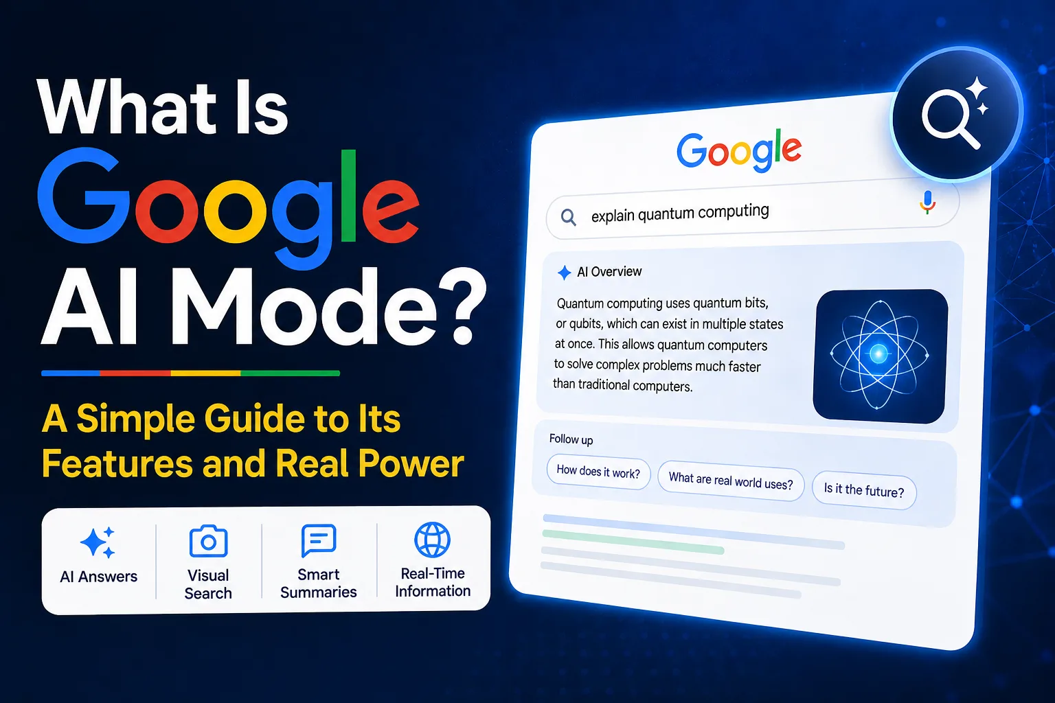 Google AI Mode featured image showing AI-powered Google Search interface with smart summaries, visual search, and real-time information features.