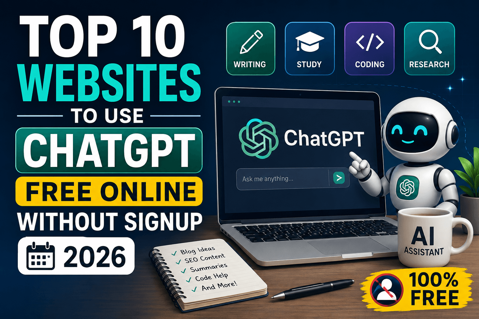 Laptop showing ChatGPT alternatives and free AI websites without signup for writing, coding, research, and study in 2026.