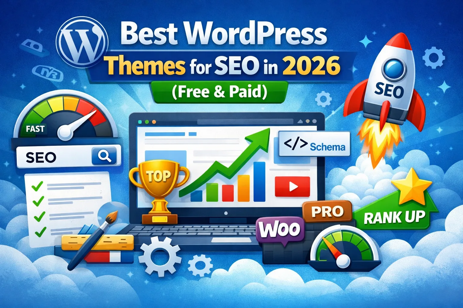 Best WordPress Themes for SEO in 2026 featured banner with SEO graphics, speed meter, rocket, and WordPress icons.