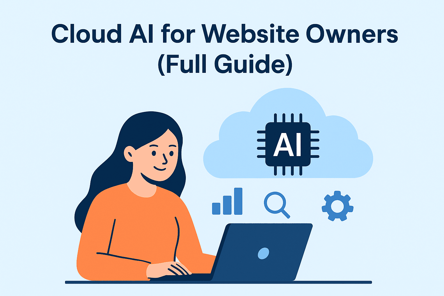 Cloud AI for website owners illustration showing a person using a laptop with AI cloud icons.