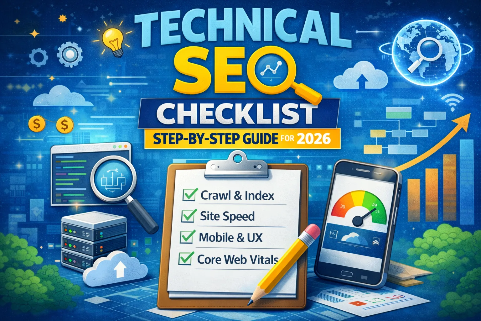 Technical SEO checklist showing crawl, indexing, site speed, mobile optimization, and Core Web Vitals steps