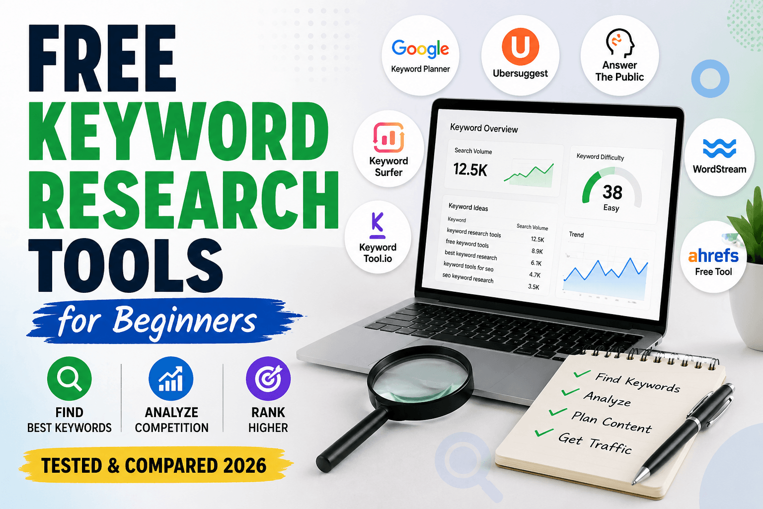 Free keyword research tools for beginners comparison showing Google Keyword Planner Ubersuggest and Ahrefs