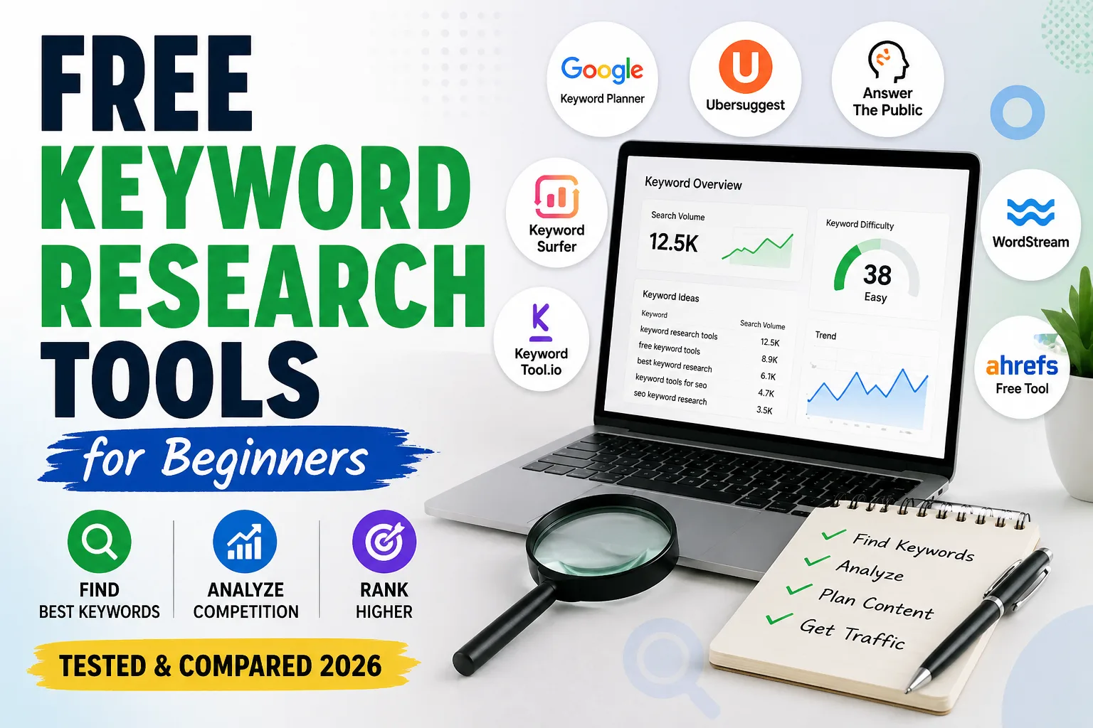 Free keyword research tools for beginners comparison showing Google Keyword Planner Ubersuggest and Ahrefs