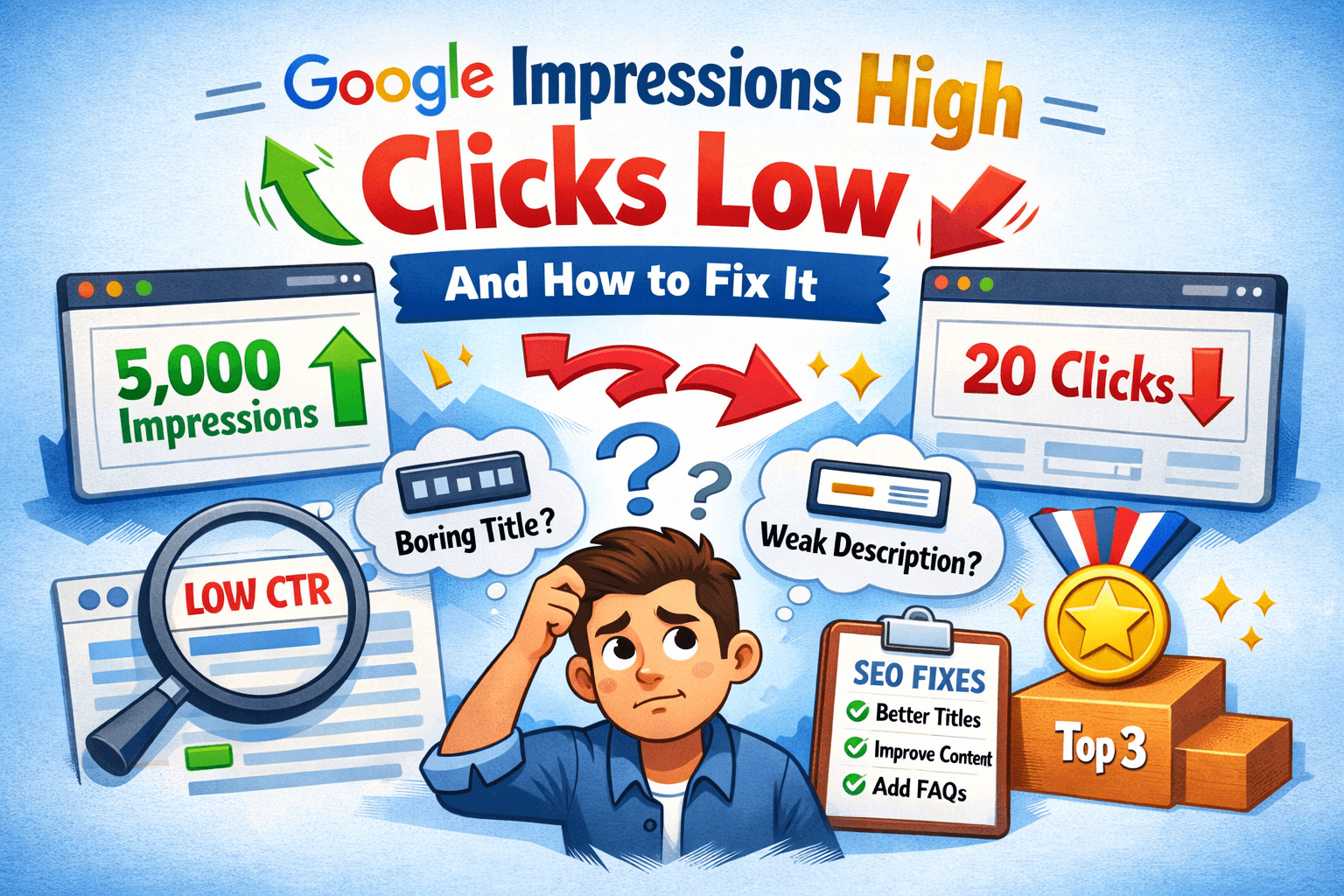 Why Google impressions are high but clicks are low explained with SEO fixes
