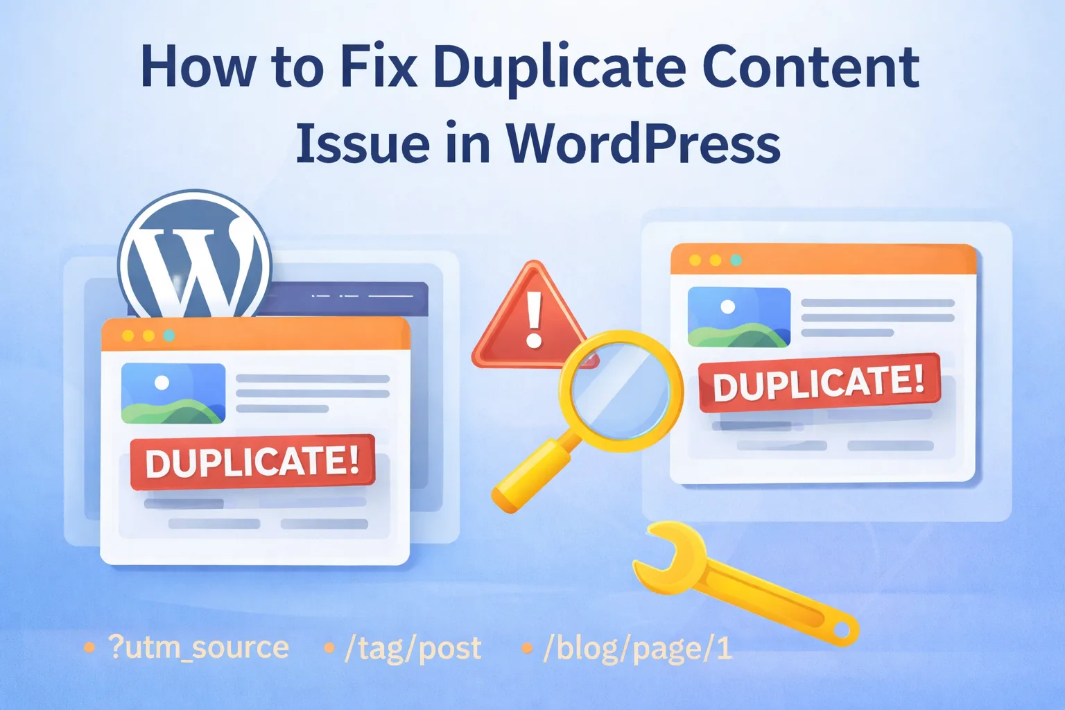 How to fix duplicate content issue in WordPress showing duplicate pages, canonical URLs, and SEO fix illustration