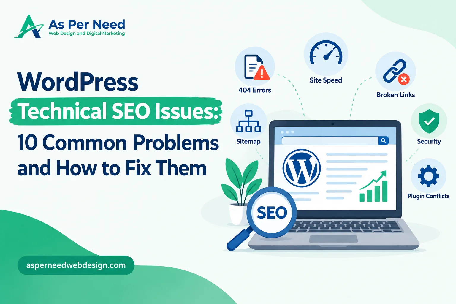 WordPress technical SEO issues, including 404 errors, broken links, sitemap problems, and site speed.